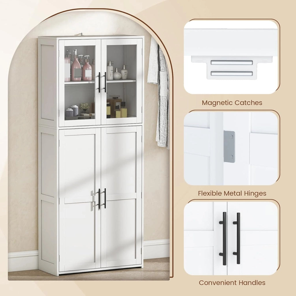 Armadio alto da bagno, colonna bagno, 4 ante, ripiani regolabili e 2 ganci, mobile moderno per cucina, soggiorno, 70 x 30 x 168,5 cm, bianco