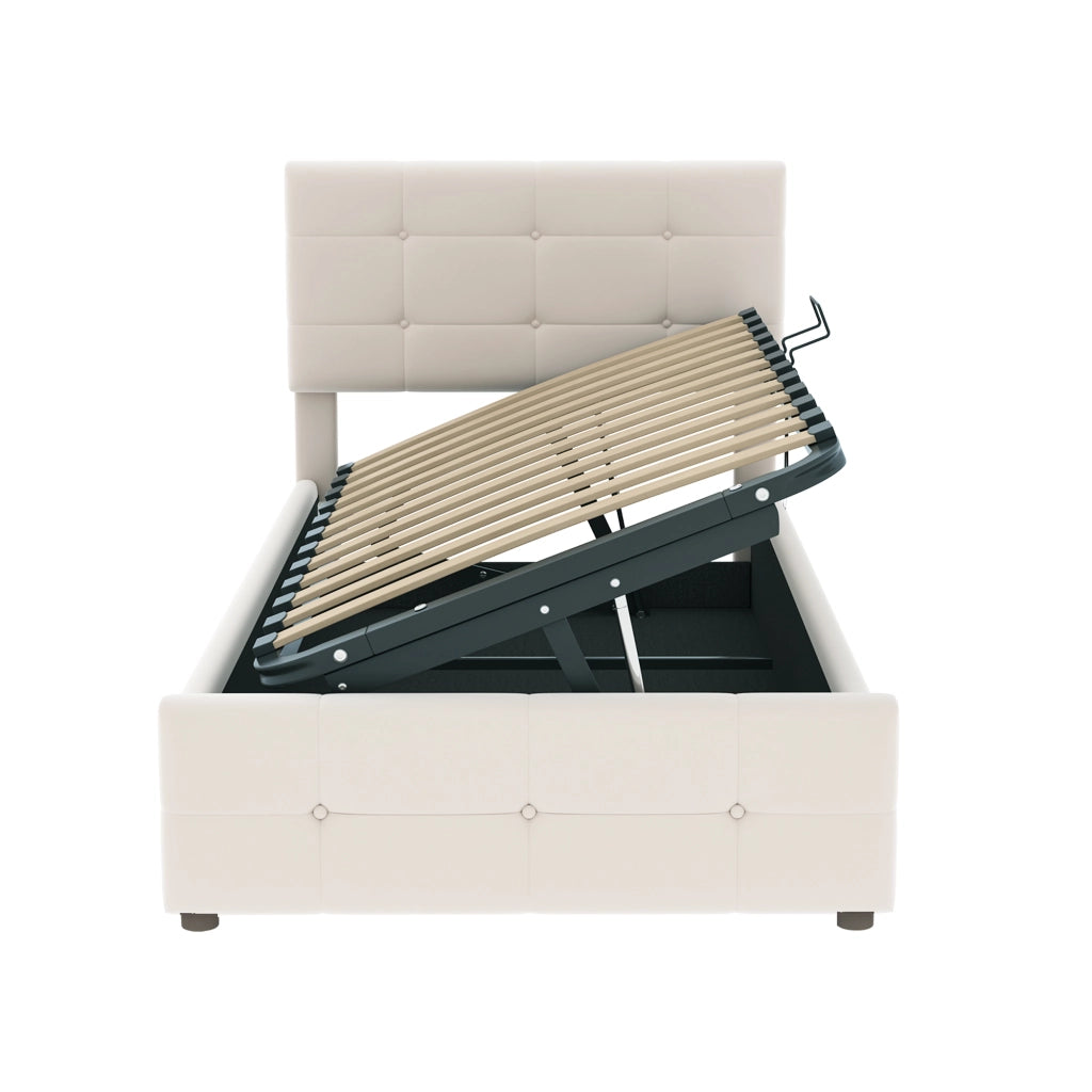 OKWISH Letto contenitore per bambini 90×200 cm, Letto Singolo con contenitore idraulico, Testiera Regolabile e velluto, senza Materasso, Beige