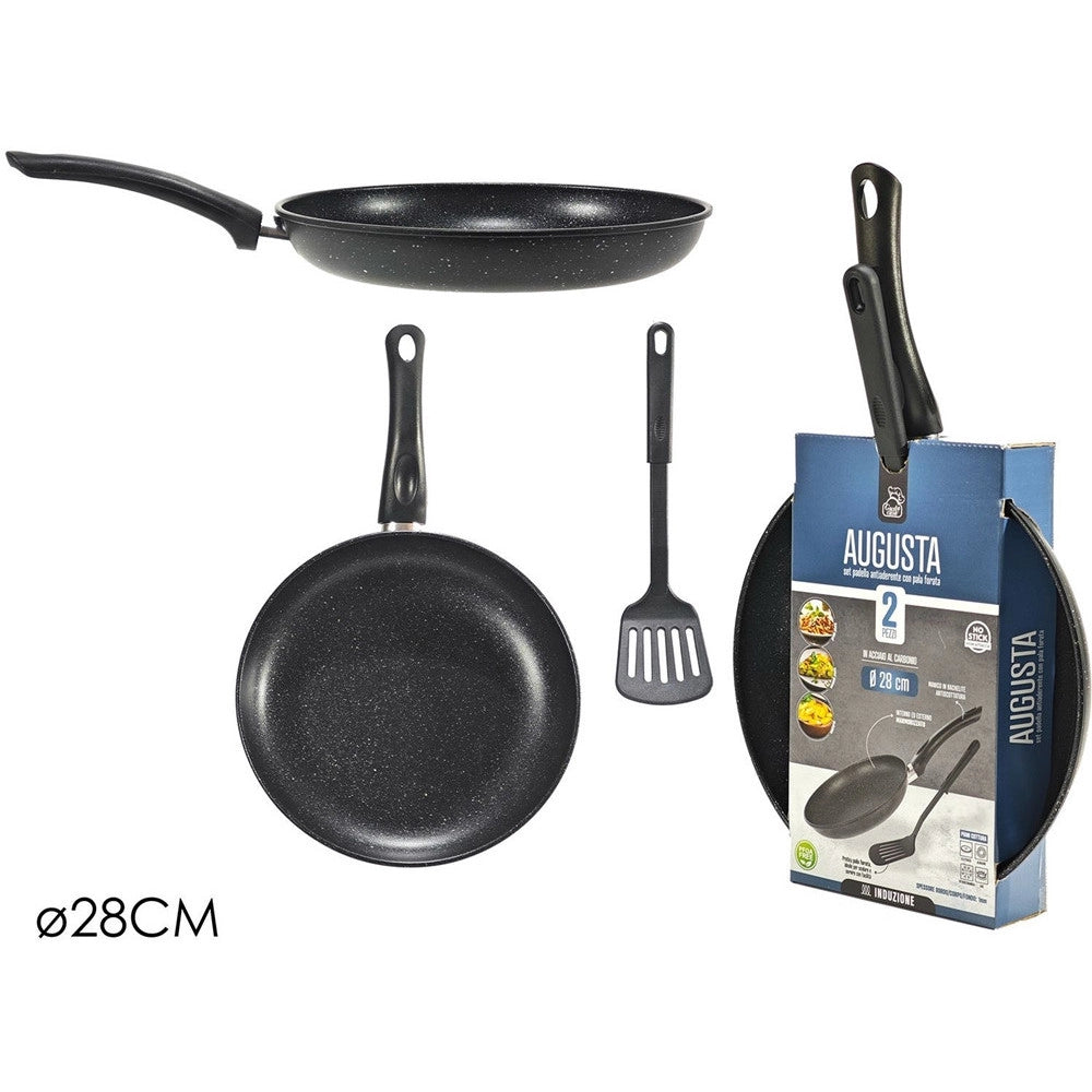 Trade Shop - Set 2pz Padella Antiaderente ⌀28cm Con Pala Spatola Forata Manico Antiscottatura Pfoa Free -