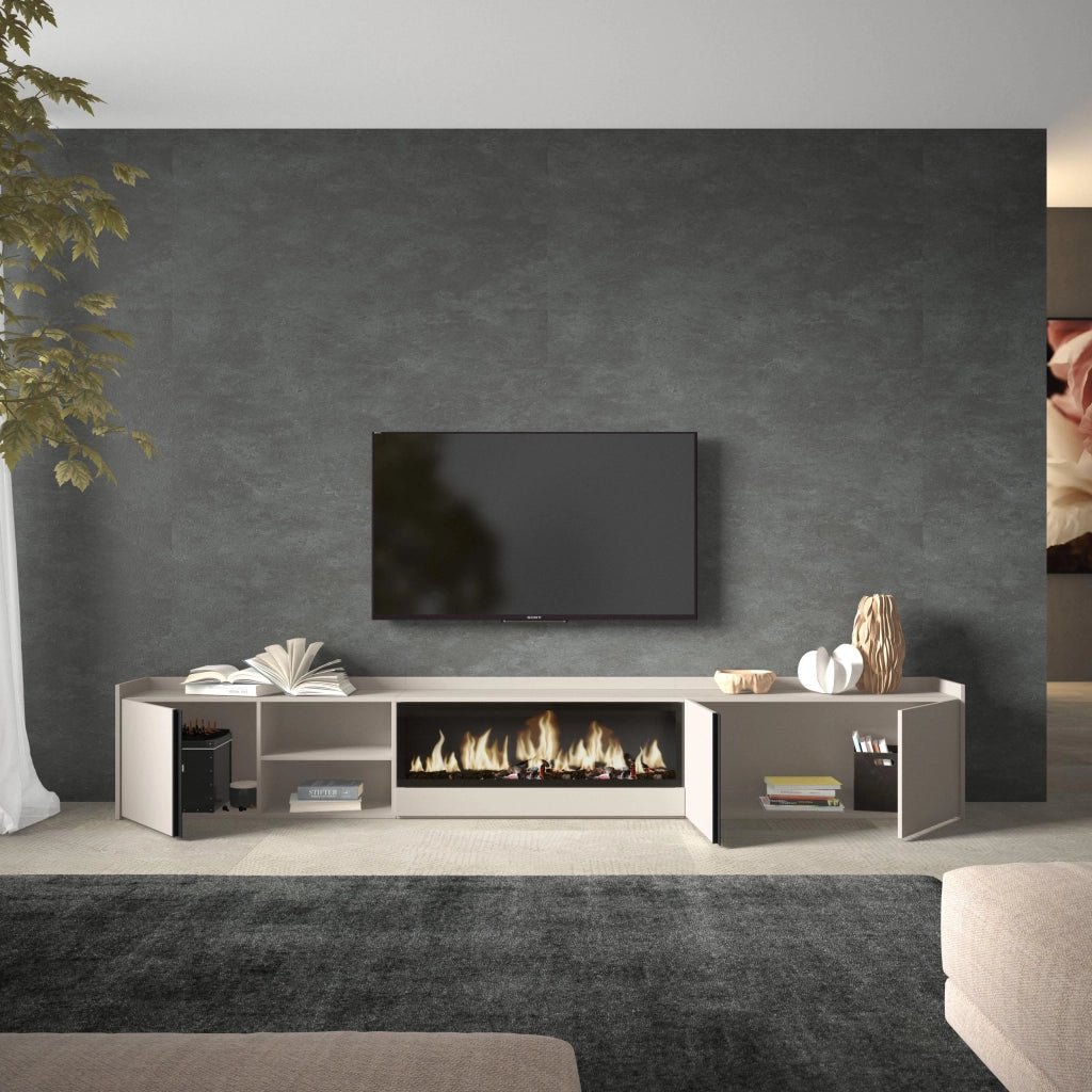 Mobile TV Soggiorno, 315x50x35 cm, Per TV fino a 80", Camino elettrico XXL, Beige