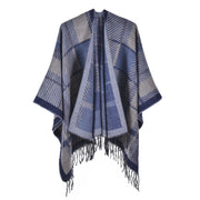Sciarpa/mantello da donna con spacco e nappe, fantasia a quadri classica, extra large, spessa e calda, lavorata a maglia.
