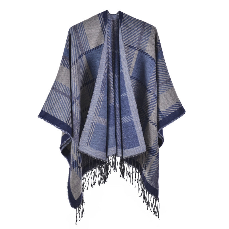 Sciarpa/mantello da donna con spacco e nappe, fantasia a quadri classica, extra large, spessa e calda, lavorata a maglia.