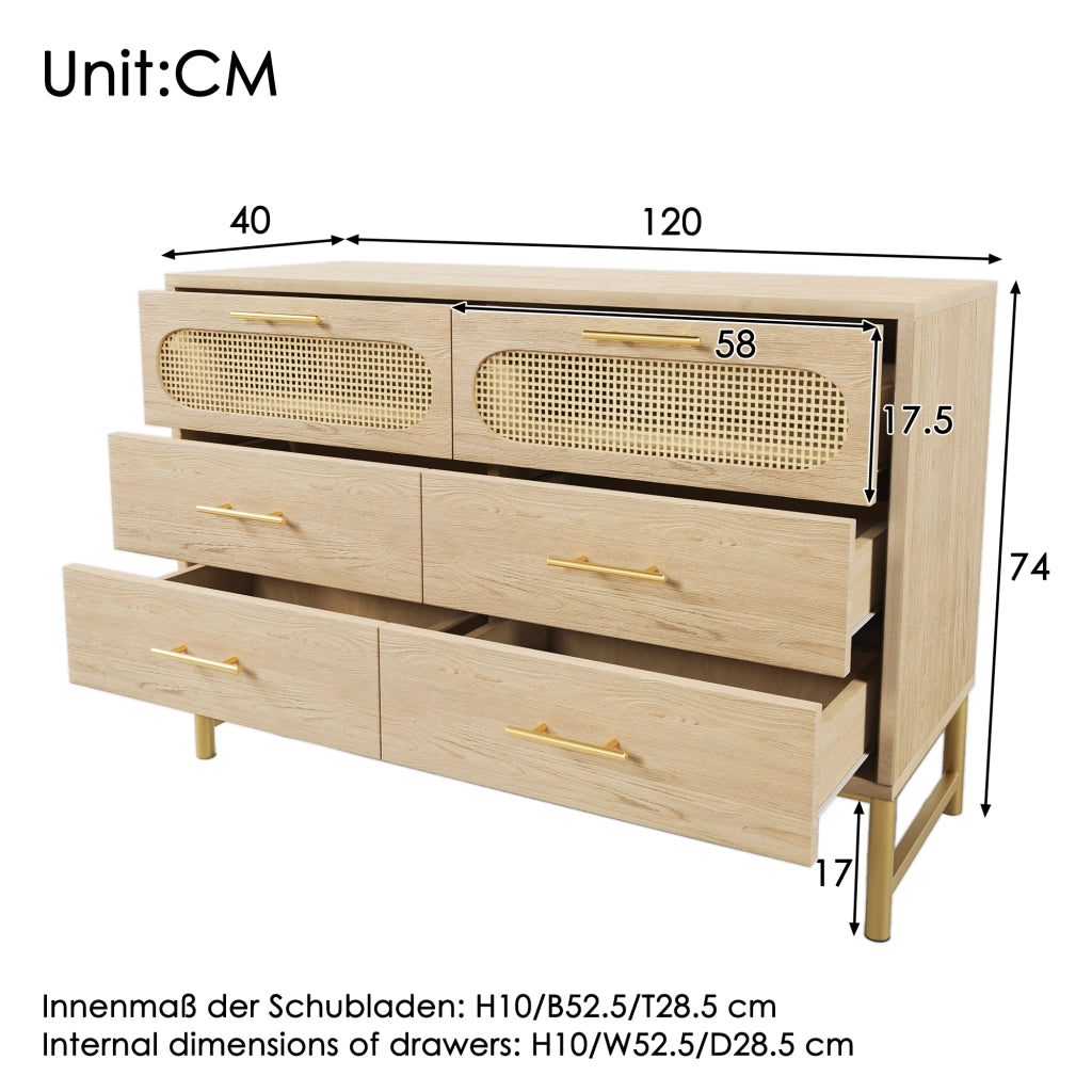 Cassettiera con 6 Cassetti; Frontali Effetto Rattan; Maniglie in Metallo; Piedini Regolabili; Stile Naturale; 120??40??74 cm; Rovere
