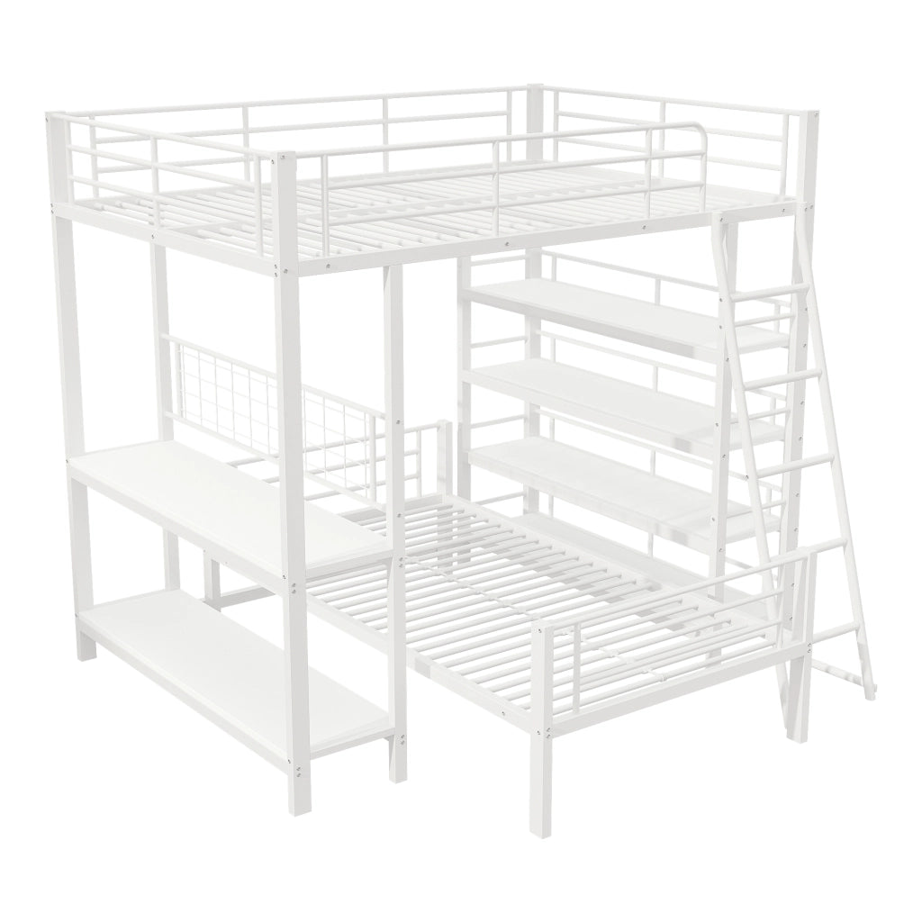 OKWISH Letto a castello 140×200 cm e 90×200 cm, Letto 3 Posti con Mensole, Divisibile in 2 Letti, senza Materasso, Metallo, Bianco