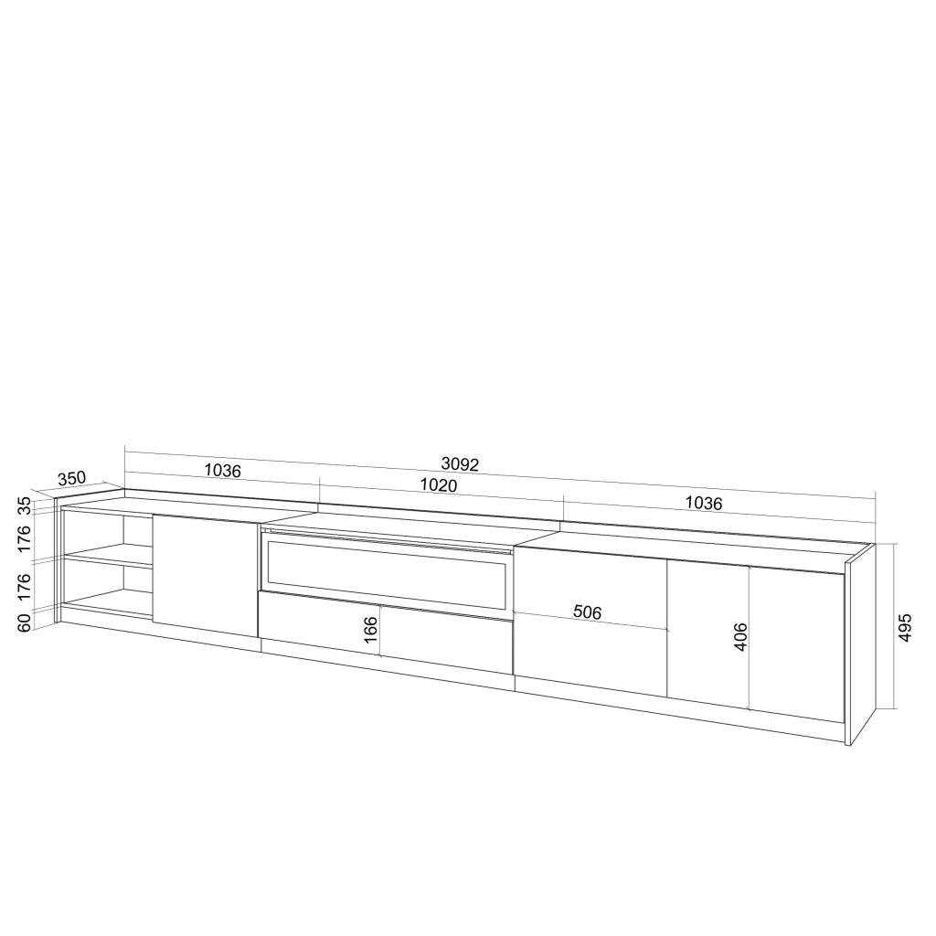 Mobile TV Soggiorno, 310x50x37 cm, Per TV fino a 80", Camino elettrico, Bianco e Rovere soft