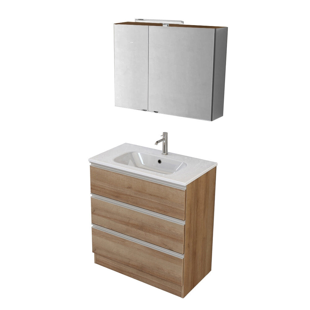 Mobile bagno con specchiera 80 cm rovere miele con cassetti e lavabo incluso Master