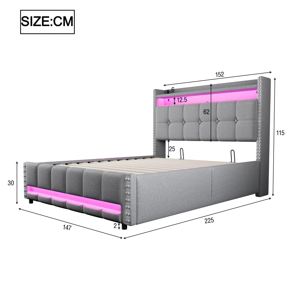 Letto imbottito 140 × 200 cm 2 posti con LED, USB, ripiani e vano contenitore, senza materasso, grigio chiaro