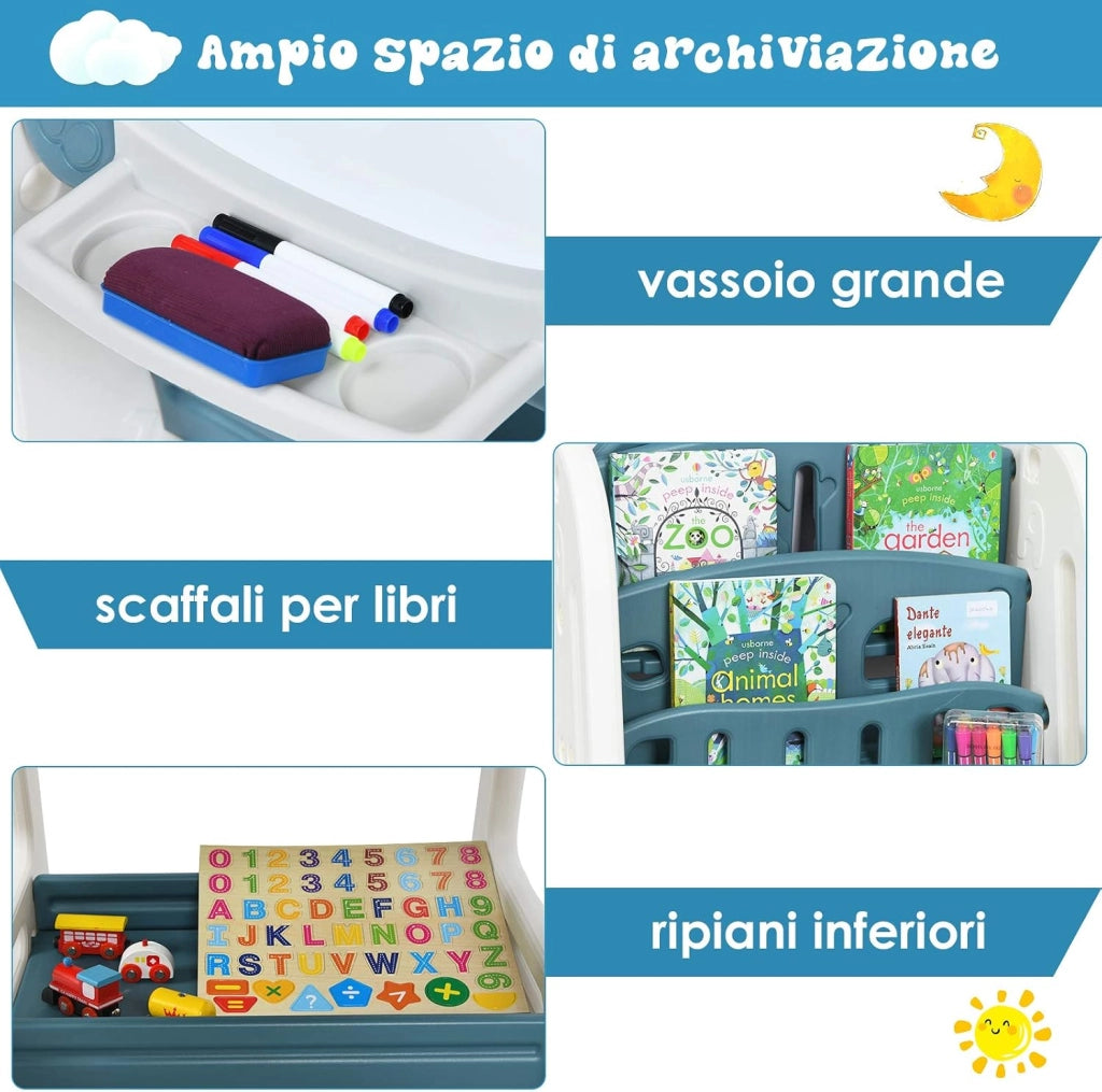 Set 2 in 1 Cavalletto per Bambini, Lavagna Magnetica Multifunzione Bifacciale, Libreria Bambini Altezza Regolabile, con Sedia e Accessori (Blu)