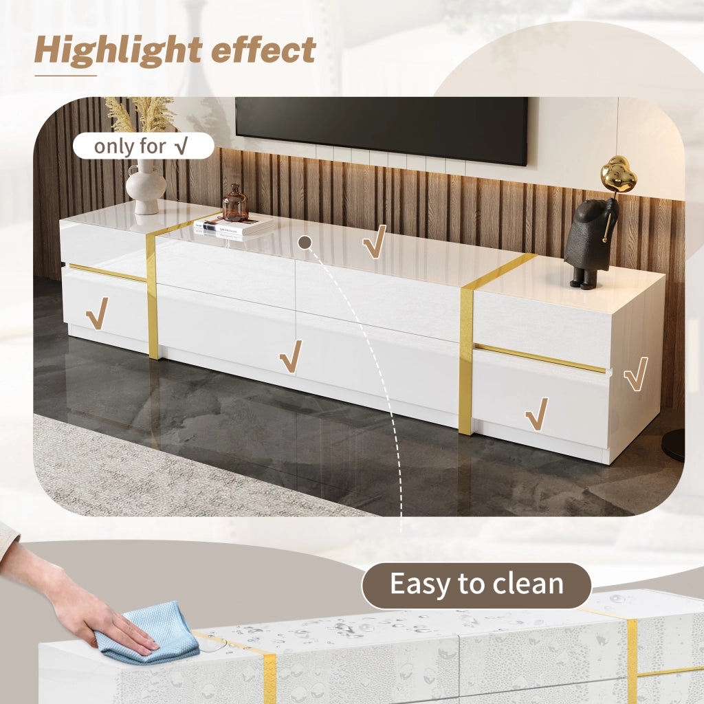 Mobile TV lucido, 4 cassetti, decorazioni a strisce dorate, bianco
