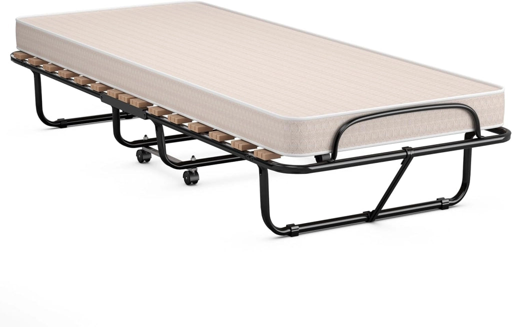 Brandina Pieghevole con Ruote Girevoli, con Materasso in Memory Foam, Lettino Pieghevole a Doghe 190x80 cm, Salvaspazio, Carico Massimo 130 kg
