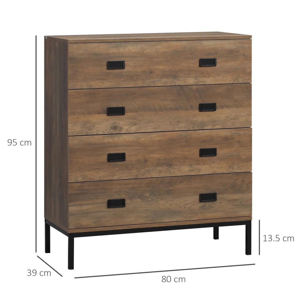 EasyComfort Cassettiera 4 Cassetti in Truciolato e Metallo per Soggiorno e Camera da Letto, 80x39x95 cm, Marrone
