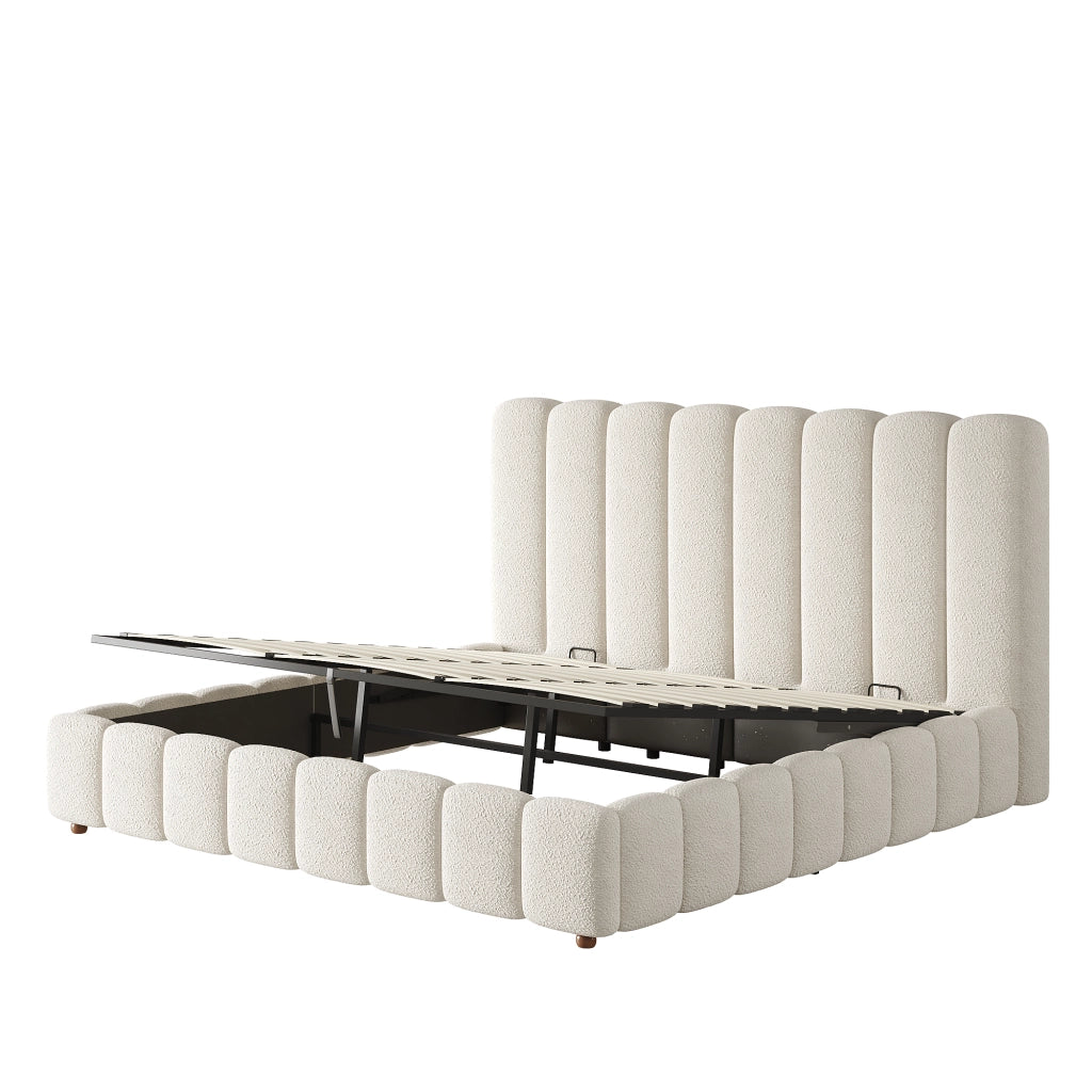 Letto matrimoniale imbottito 180x200 cm con contenitore idraulico, rete a doghe, testiera e struttura in bouclé bianco