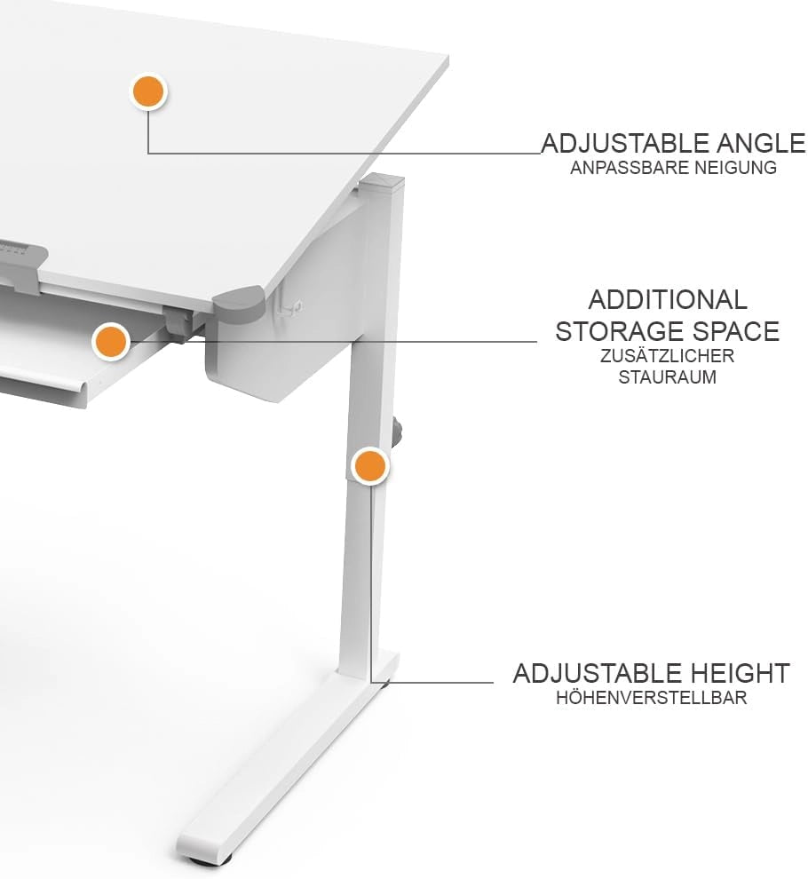 Scrivania per bambini Arc, Bianco, 108 x 68 cm Regolabile in altezza, per un lavoro ergonomico e una posizione di seduta regolabile