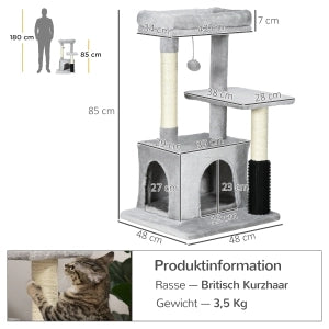 Albero tiragraffi per gatti con cuccia lavabile e pallina sospesa, grigio chiaro, 48x48x85 cm