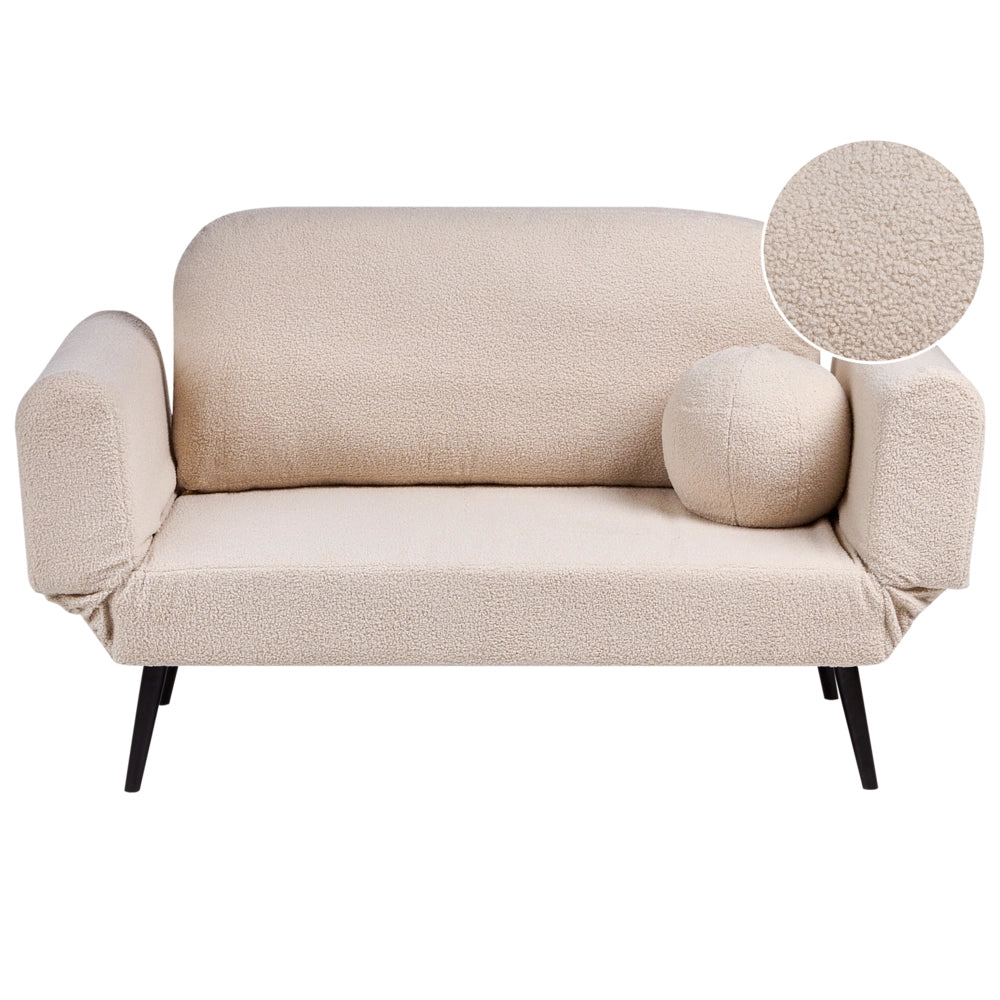 Divano letto con funzione letto cuscino rotondo rivestimento in bouclé gambe in ferro per soggiorno o camera da letto color beige