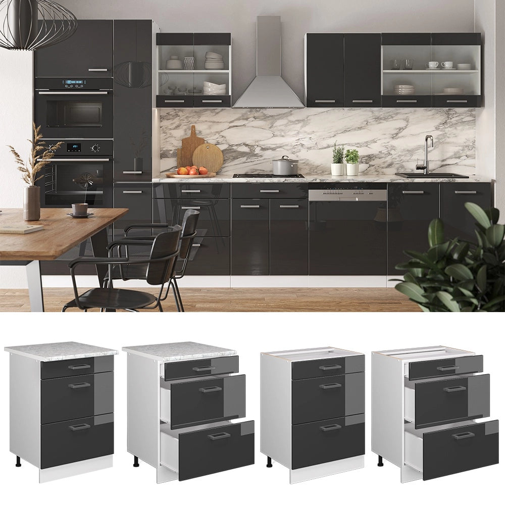 Mobiletto base per cucina R-Line Antracite lucido/Bianco 60 cm con cassetti, senza piano di lavoro Vicco