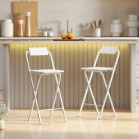 Set di 2 Sgabelli da Bar Pieghevoli con Schienale Poggiapiedi e Struttura in Acciaio per Sala da Pranzo Bancone Bianco