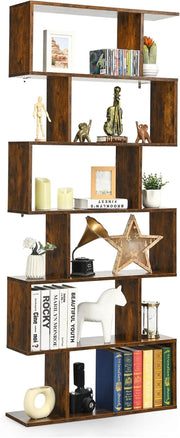 Libreria a Forma di S, Scaffale con 6 ripiani, Libreria in Legno a 6 Livelli, Scaffale per Libri, Libreria Multifunzionale, con Design di Antiribaltamento, 80 x 23 x 191 cm (Marrone)