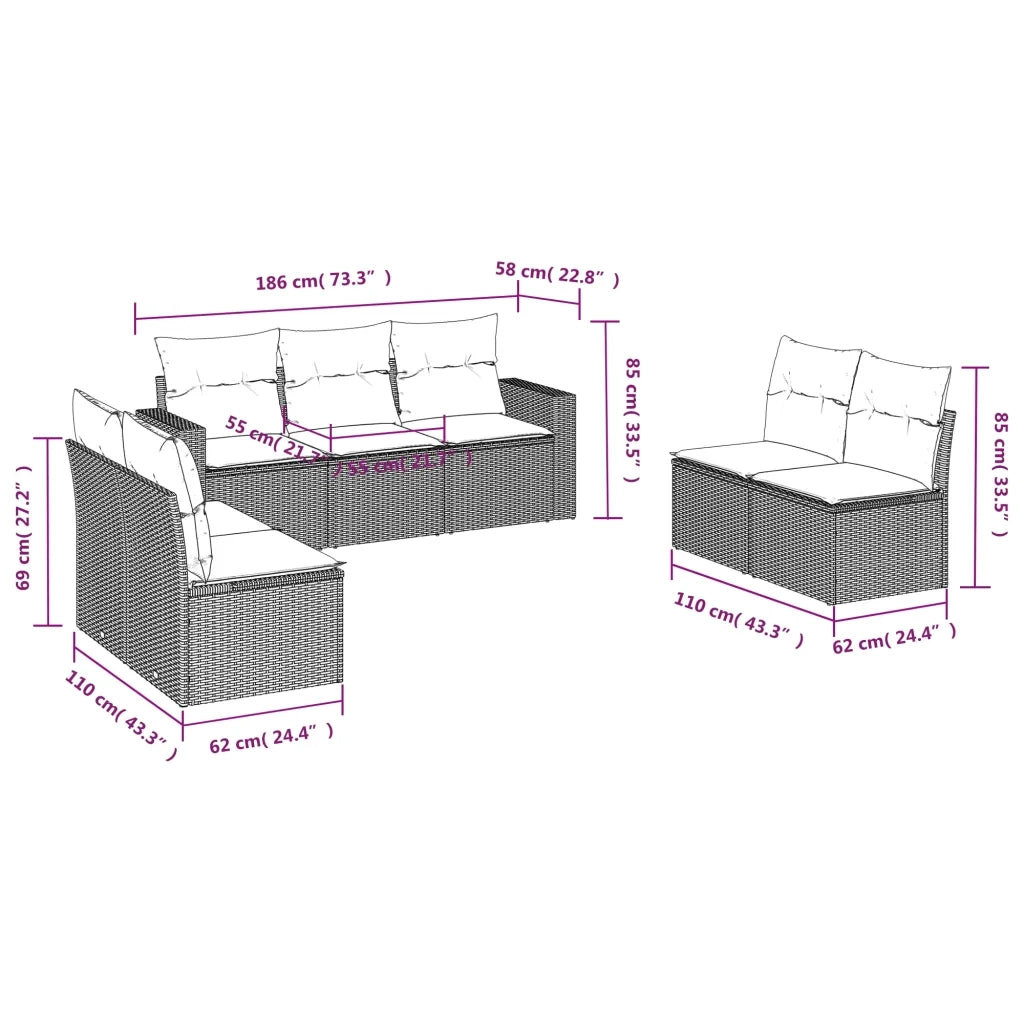 Set Divani da Giardino 7 pz con Cuscini Grigio in Polyrattan 3218820