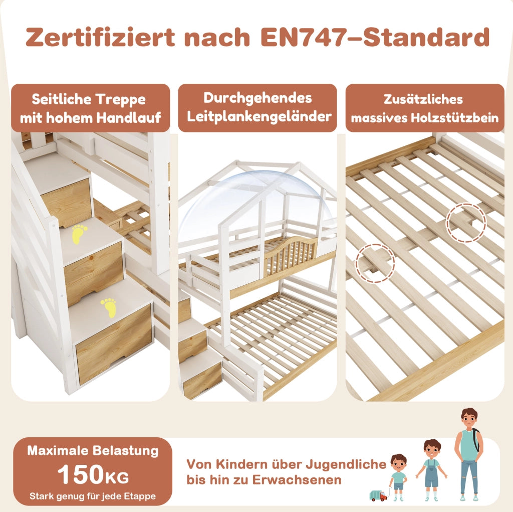 Letto a castello per bambini 90x200/140x200 in legno bianco e naturale con scala contenitore
