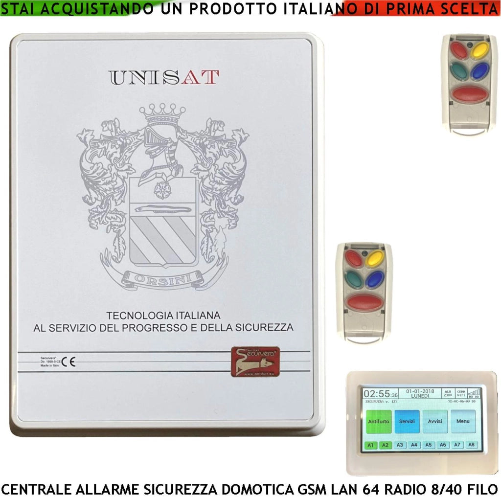 Centrale Unisat Impianto Antifurto 64 Zone Radio 8 Filo Optional 40 Collegamenti e Funzioni Programmabili 8 Aree 50 Utenti Gestita da APP RFID 2 Radiocomandi 868 MHz HiFi 5 Relè Domotica GSM/GPRS LAN