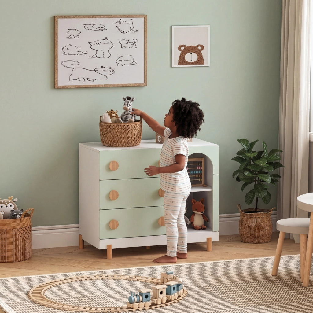 Cassettiera Vaarentaa per Cameretta con 3 Cassetti e 2 Vani Aperti 79x41x66 cm - Bianco/Verde Menta [en.casa]