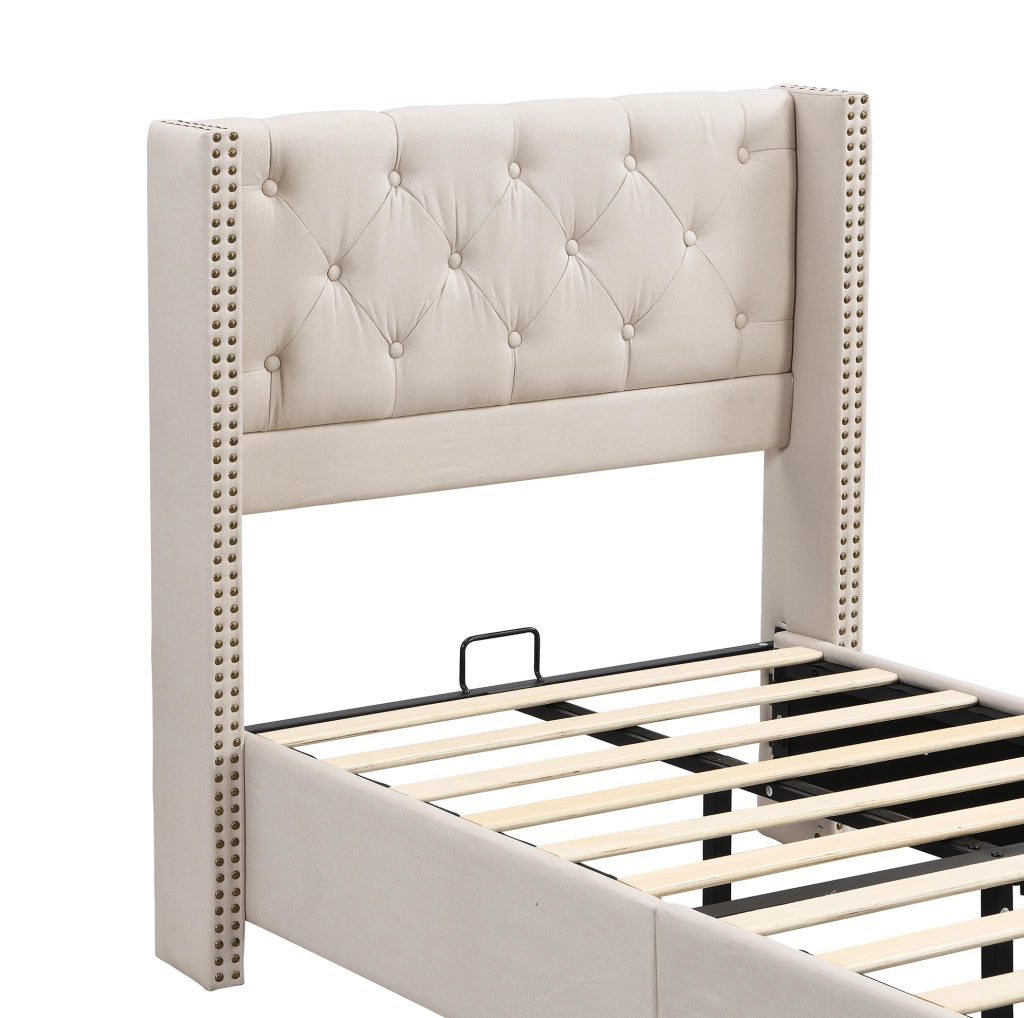 Letto imbottito 90x200 cm in lino beige con testiera capitonné e rete a doghe