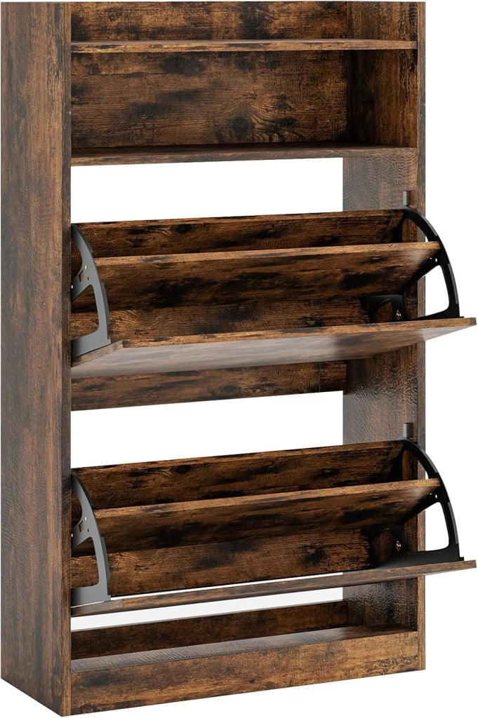 Scarpiera Salvaspazio Slim a 4 Livelli, Portascarpe in Legno con 2 Ante a Ribalta, 1 Ripiano Aperto, Doppia Profondita, Mobile Porta Scarpe Moderna, 60 x 24 x 102 cm (Marrone)