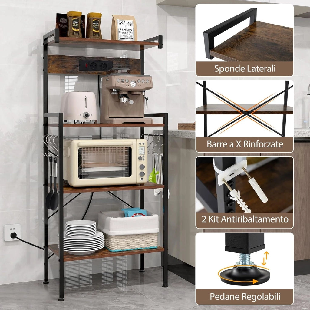 Scaffale da Cucina con Multipresa, Scaffale per Microonde su 4 Ripiani, Mensola da Cucina Struttura in Metallo con 8 Ganci, per Sala Pranzo e Pannettiera, 59 x 34 x 136 cm, Marrone Vintage