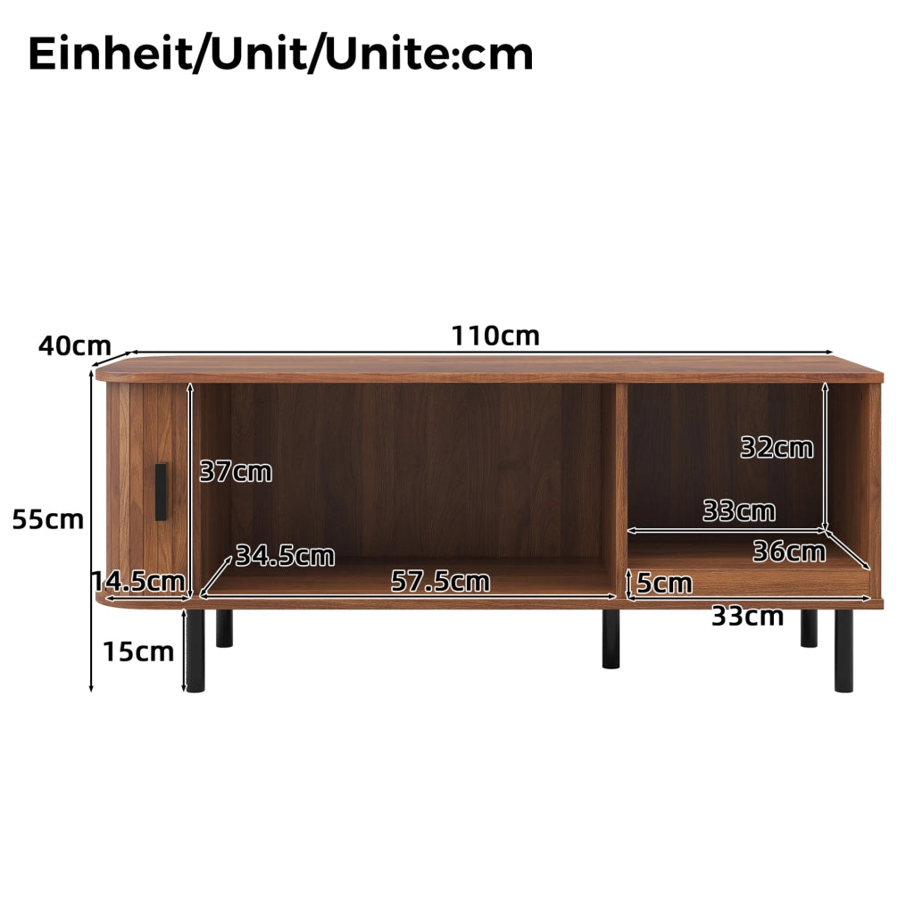 Tavolino da caffè 110x40x55 cm con porta scorrevole e vano a giorno in MDF e truciolare noce