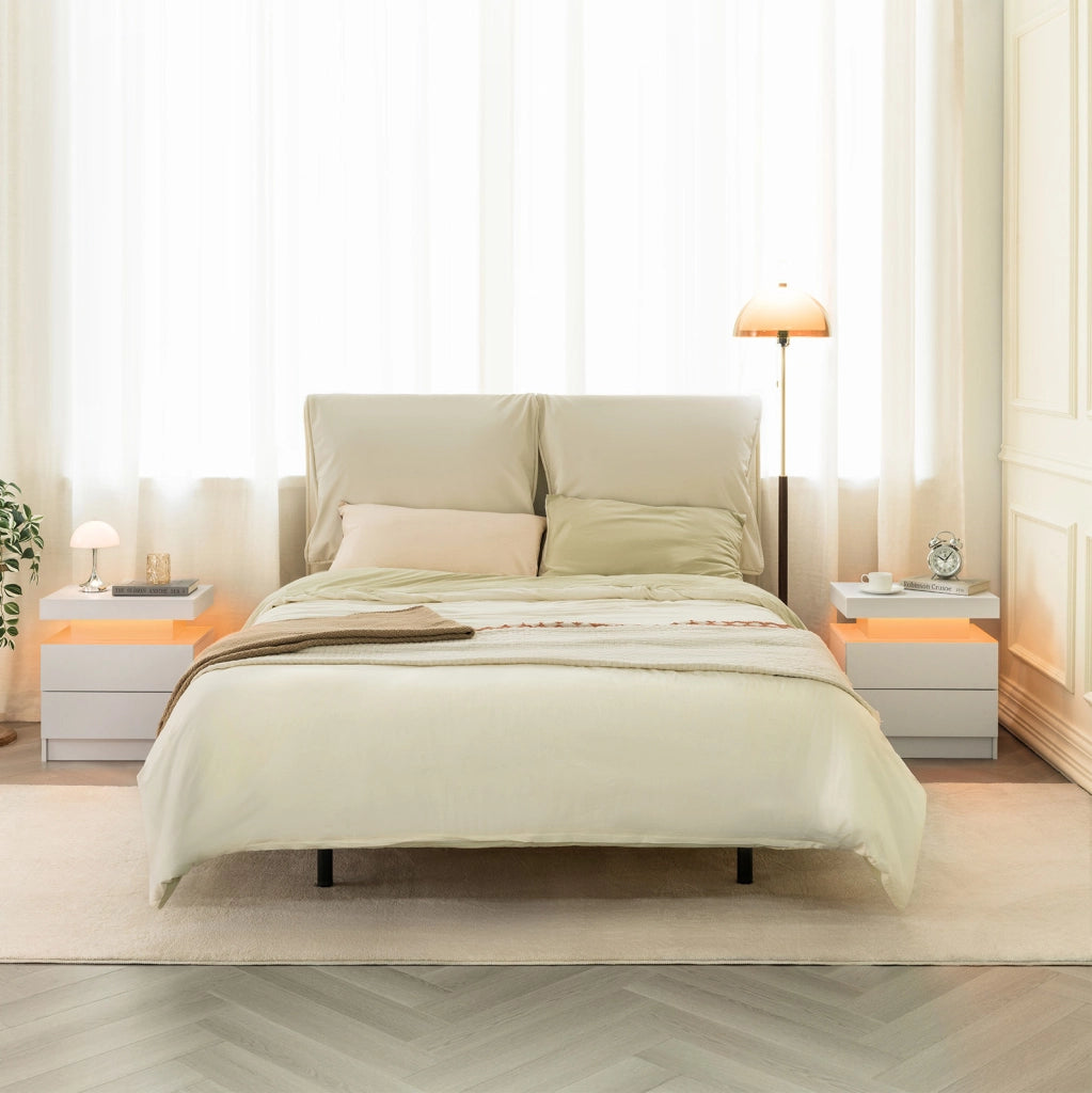Comodino LED bianco con 2 cassetti e vano a giorno