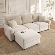 Sofa moderno beige con pouf; 2 cuscini; porta USB e Type-C; 223x146x84 cm