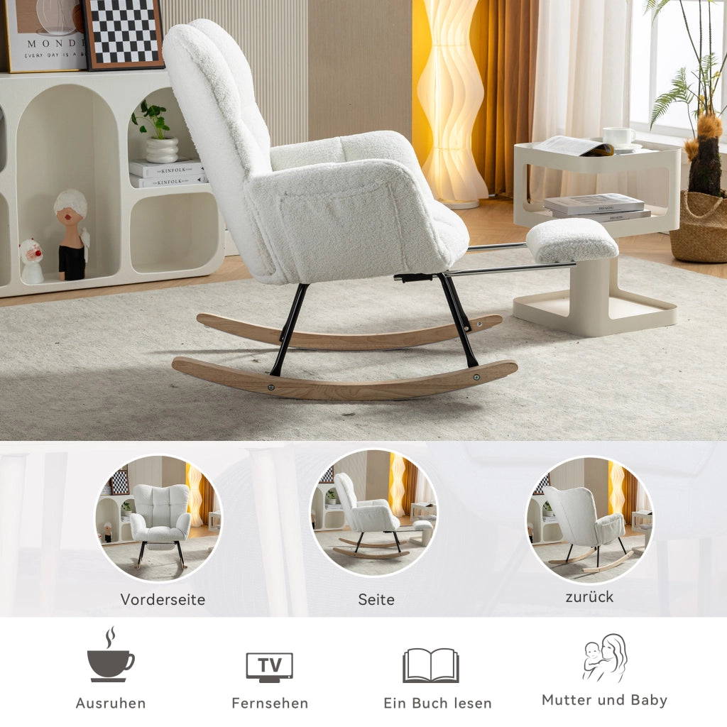 OKWISH Poltrona a Dondolo con Poggiapiedi Pieghevole, Schienale Alto Ergonomico e Braccioli Imbottiti, Teddy, Bianco