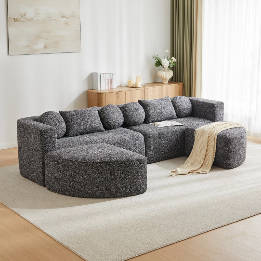 Divano modulare in chenille nero con funzione letto, struttura compressa, senza montaggio, 292 x 165 x 68 cm