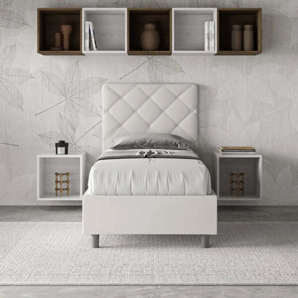 Letto singolo contenitore imbottito 80x210 similpelle bianco Priya