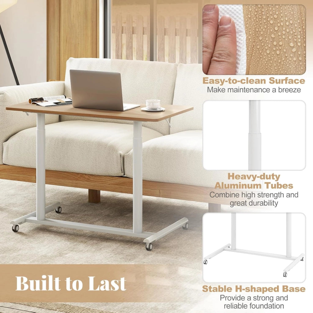 Scrivania Mobile Regolabile in Altezza, Scrivania Sit Stand con Ruote Bloccabili e Struttura in Metallo, Tavolino Laterale da Divano a Forma di C (Naturale)