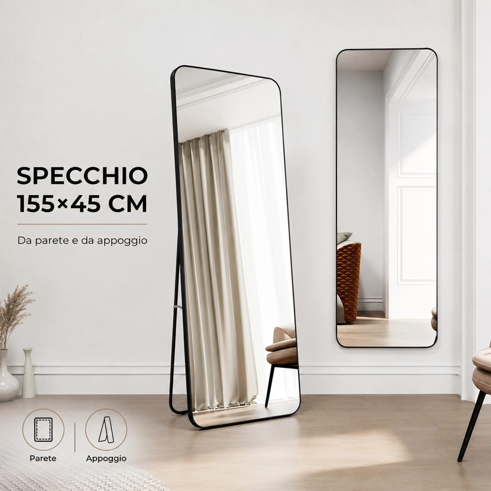 Specchio da Terra e da Muro Rettangolare Nero Decorazione Interni 155x45 cm