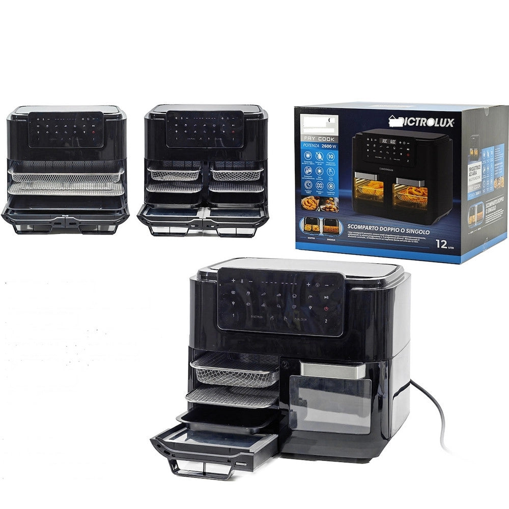 Trade Shop - Forno + Friggitrice Ad Aria Multifunzione Con Doppio Secchio Staccabile 12lt 2600w -