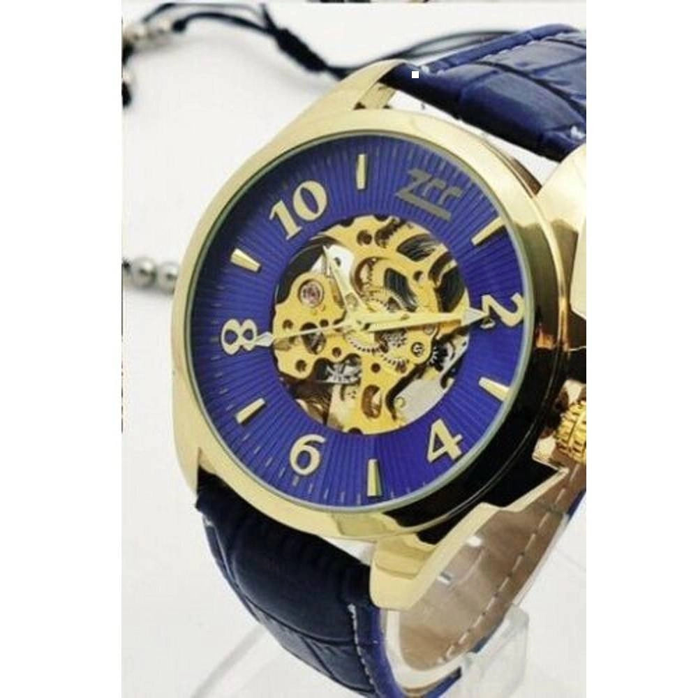 Trade Shop - Orologio Polso Zcc Uomo Automatico Analogico Cinturino Pelle Casual Blu Dorato -