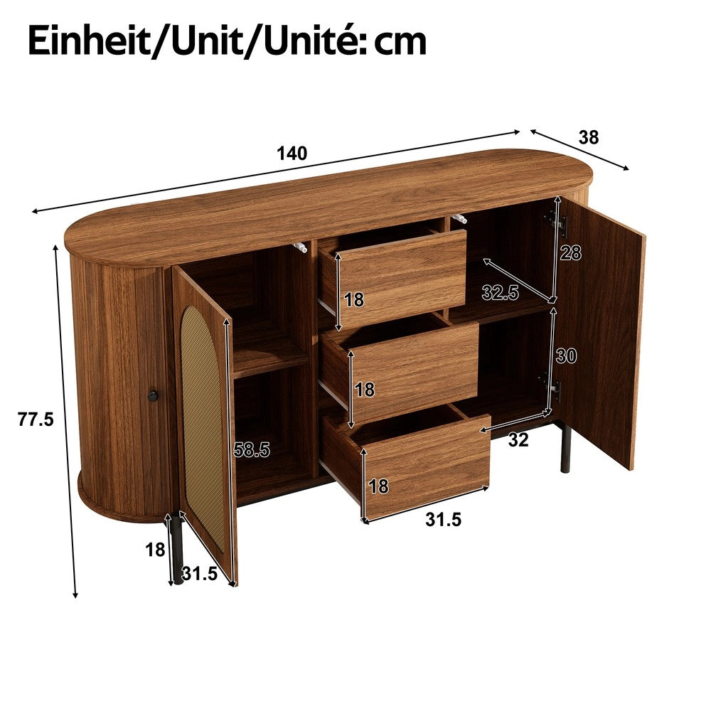 Credenza Ovale con Ante a Scorrimento in Rattan, Cassetti e Ripiani ¨C MINIMAL ¨C Legno e Metallo