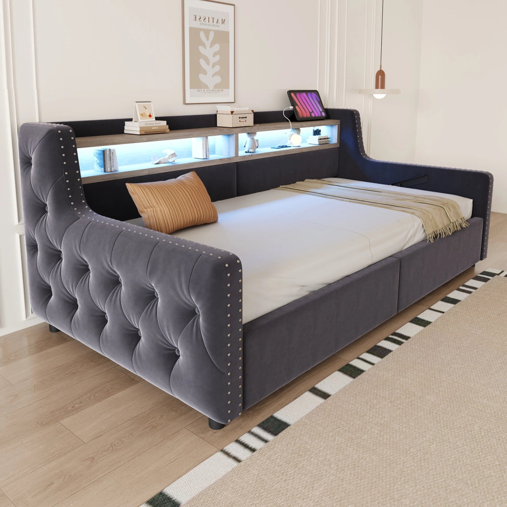 DIVANO LETTO 90 x 200 cm in velluto grigio scuro con LED e vano contenitore