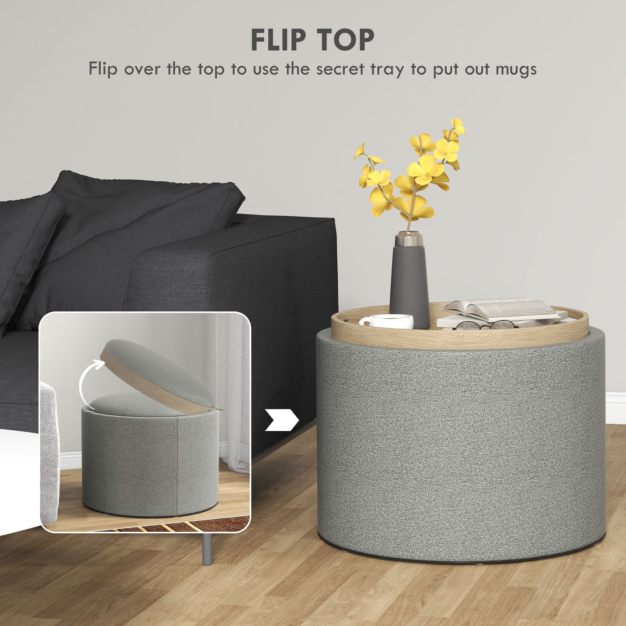 Pouf Contenitore Effetto Lino da 120 kg max 56x56x42 cm con Vassoio a Ribalta in MDF Grigio
