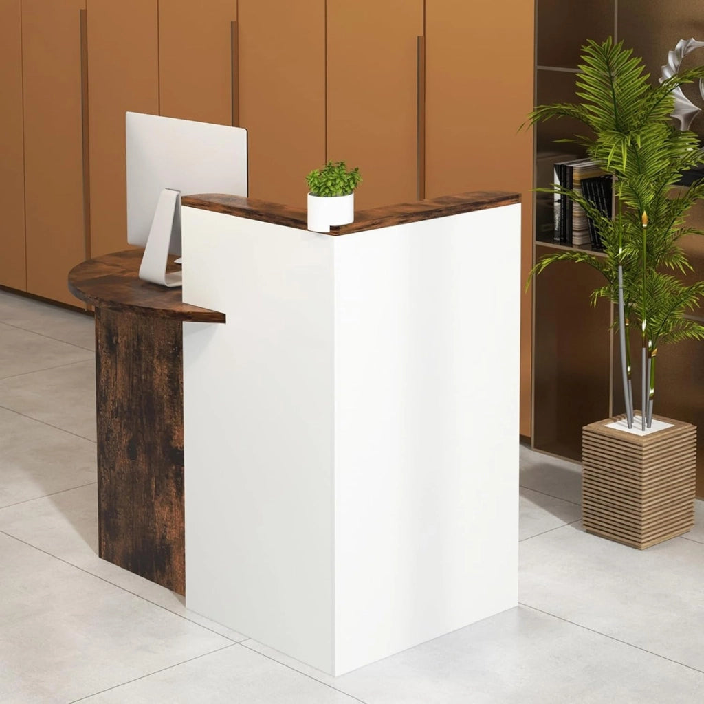 Banco Reception a Forma di L, Bancone per Cassa con Ripiano Regolabile e Cassetto Bloccabile, Piano Ovale, per Negozio, Salone e Ufficio, 120 x 55 x 100 cm (Marrone Rustico+Bianco)
