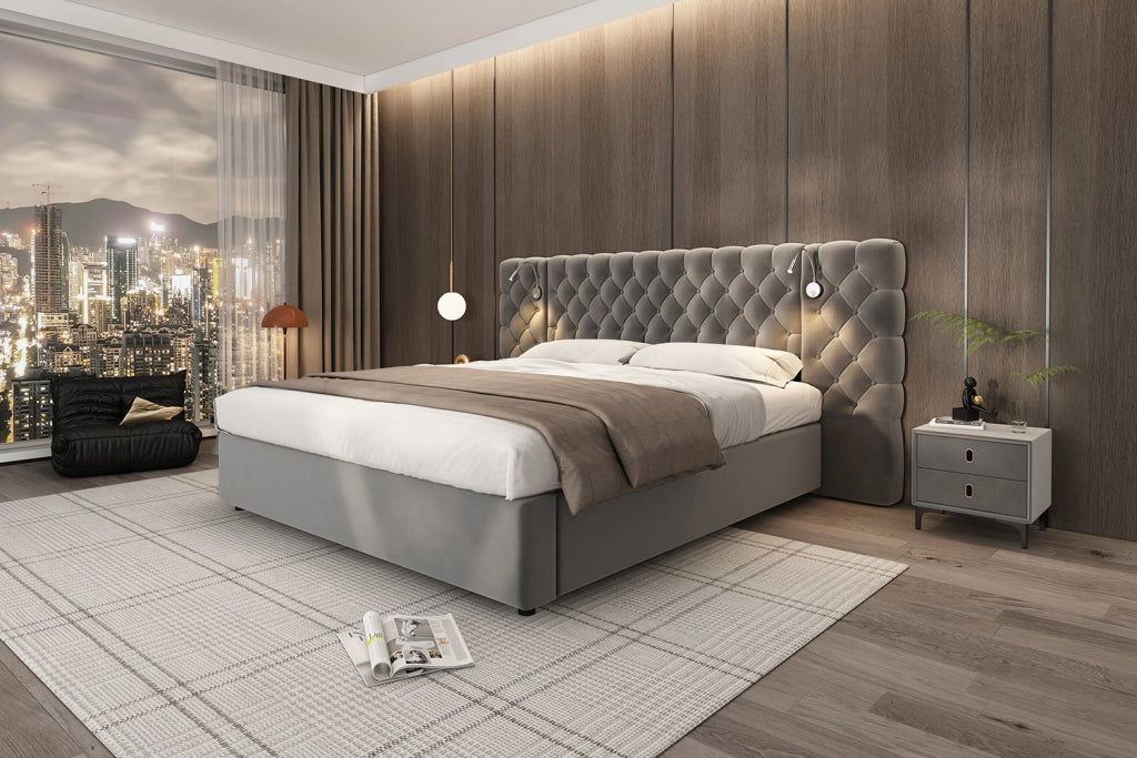DESMIU Letto contenitore 160 × 200 cm 2 posti con vano idraulico e lampada da lettura, senza materasso, velluto grigio