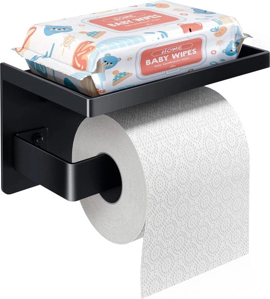Supporto per carta igienica senza perforazione, supporto per carta igienica in acciaio inossidabile con piattaforma 17,5 cm, supporto per carta igienica autoadesivo o da murale, supporto da murale, supporto per carta igienica per cucina e bagno, nero