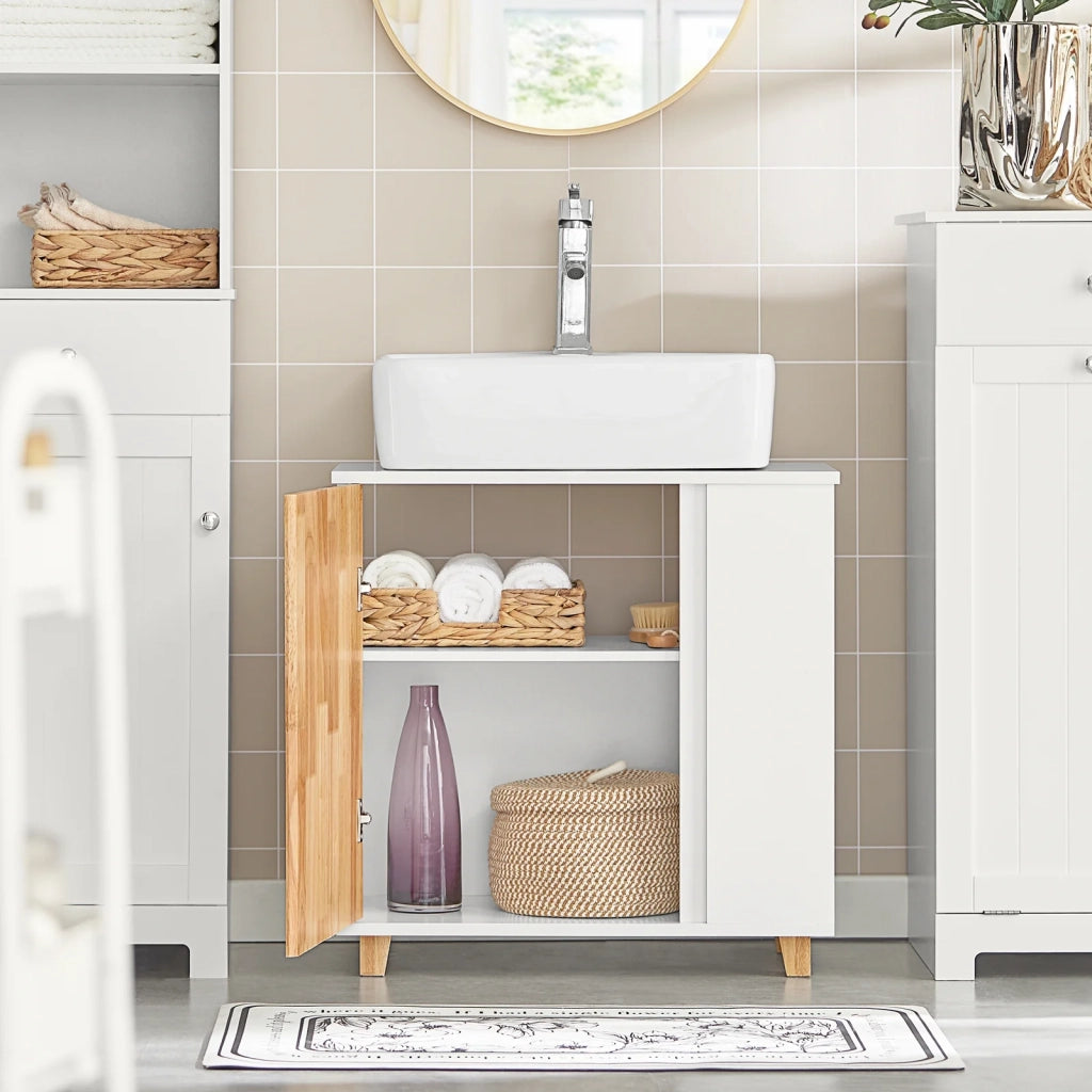 Mobiletto per lavandino bagno Mobile sotto lavabo con 1 anta Bianco-Naturale 60x29x60cm BZR75-W SoBuy