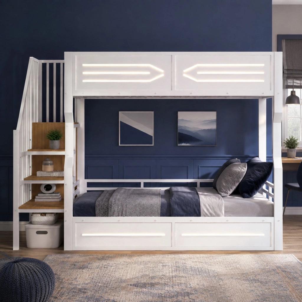 Letto a castello 90x200 cm con scala contenitore; LED e struttura in metallo; bianco