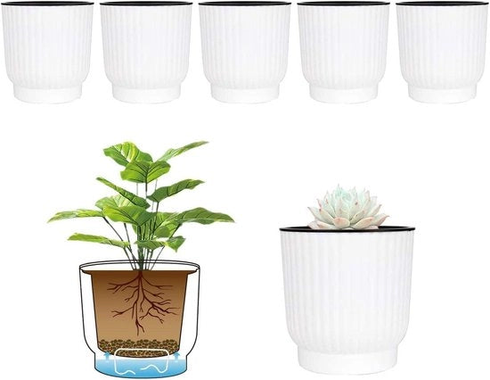 Set di Vasi Autoirriganti in Plastica da 6 pezzi Bianchi - Stoccaggio Acqua a Lungo Termine - Dimensioni Piccole