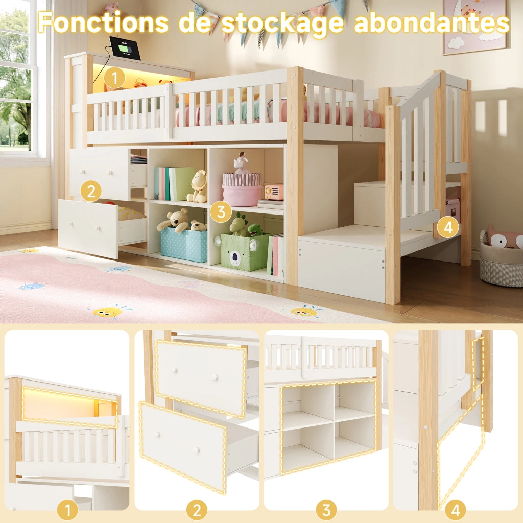 Letto rialzato per bambini 90x200 cm con cassetti; vani portaoggetti; scala contenitore e LED; bianco