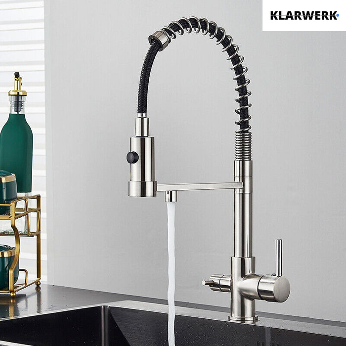 Bernd | Rubinetto da cucina a osmosi a molla a 3 vie argento Rubinetto con filtro in acciaio inossidabile spazzolato | Miscelatore da ristorante